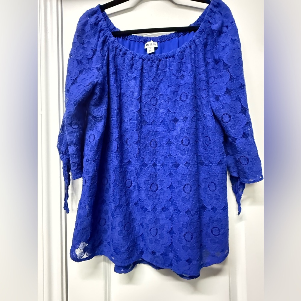 Stylus Royal Blue Lace Off-Shoulder Blouse | Size Large | Floral Lace